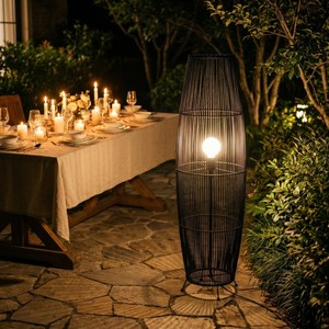 Black Rattan Outdoor Floor Lamp Cylindrical Shape LED Light 2700K Warm <b>White</b> E27 <b>Bulb</b> Base Switch Control Large Size - Product Image 2