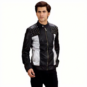 Mens Real Black <b>Silver</b> Leather <b>Jacket</b> Studded Shoulder Snap Collar Sheepskin Biker Coat Two Tone Punk Custom Winter Outerwear - Product Image 1