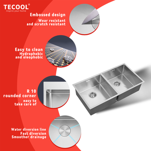 Lavello da cucina a doppia vasca in acciaio inox 304, sottopiano, personalizzabile, fatto a mano, all'ingrosso, per lavaggio - Product Image 2
