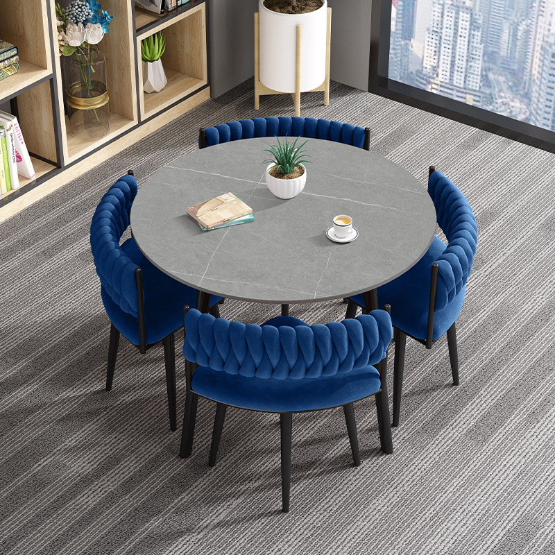 [1 table 4 chaises plaque de roche] table ronde - tissu velours bleu