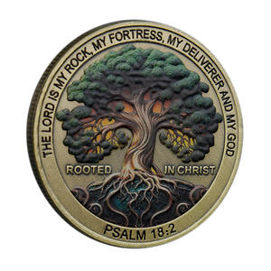 信仰主题金属压铸镀金纪念币 两种颜色款式 生命之树图案 联言句“根植于基督” - Product Image 2
