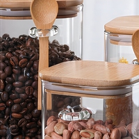 Lot de bocaux carrés en verre avec cuillère en bois, pots hermétiques pour grains de café, ensemble de récipients en verre pour condiments