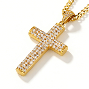 18K Gold Plated Stainless Steel <b>Cross</b> Pendant Necklace Iced Out CZ Crucifix With Rope Link <b>Chain</b> CZ Crucifix Hipec Necklace - Product Image 3