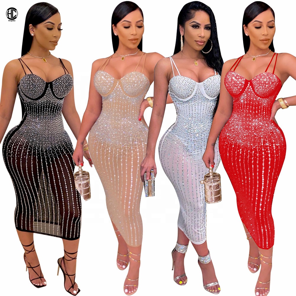 Хит продаж 2021, прозрачное пикантное праздничное Элегантное Длинное Вечернее Платье макси для девушек, облегающее Новое Женское Платье для ночного клуба со стразами