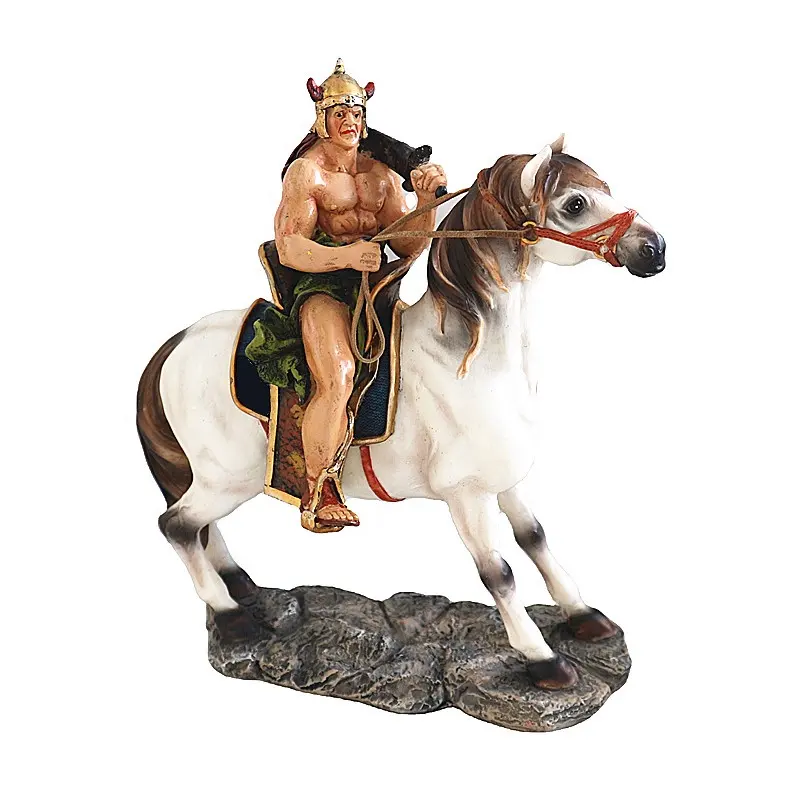 Hars Warrior Sculptuur Met Zwaard En Paard Standbeeld Beeldje In Premium Koud Gegoten