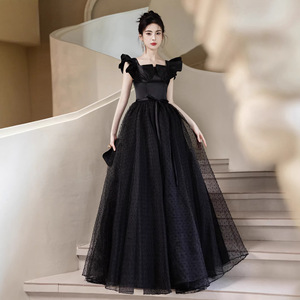 Black Ball Gown Square Collar Empire Waist Tulle Skirt Ruffles Elegant Evening Dress For Art Exam Coming Of Age Ceremony - Product Image 1