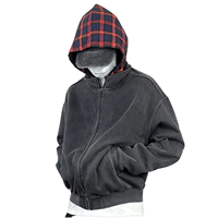 Sweat à capuche zippé vintage délavé à l'acide avec capuche à carreaux, ourlets et poignets côtelés, manches longues, couleur unie, style streetwear, 350 GSM, grammage lourd
