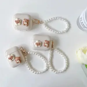 Fashion pearl keychain Cute Cherry bear Decor Headset Cover For Pearl Bracelet Keychain Personality Headphone case Key pendant