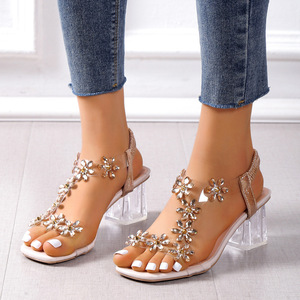 Fashion New Style Gold Silver Black Rhinestone Round Toe Chunky High Heel <b>Sandals</b> for Women - Product Image 3