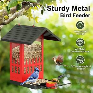 Mangeoire à oiseaux en bois 3,4 L, suspendue, pour jardin extérieur, avec fenêtre transparente et trou de drainage pour les oiseaux - Product Image 4