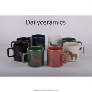 Taza de Café de Cerámica de Gres OEM ODM con Calcomanía de Silueta de Lobo, Esmalte Reactivo, Asa Cuadrada, Taza de Té, Vajilla para el Hogar - Product Image 2