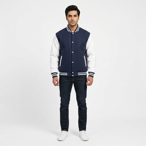 Stylish Unique Grey-<b>White</b> Varsity <b>Jacket</b> Winter Fabric Wool Body Front Logo Stand Collar CollegeBaseballjacket <b>Men</b> - Product Image 1