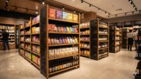Rak Display Supermarket Ringan Bergaya, Rak Penyimpanan Logam & Kayu Hitam (Terakit Siap Pakai)