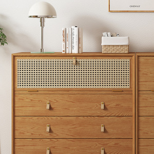 Solid Wood Rattan <b>Chest</b> Of Drawers 4 Drawer <b>Storage</b> Cabinet Bedroom Sideboard Modern Minimalist Design - Product Image 4