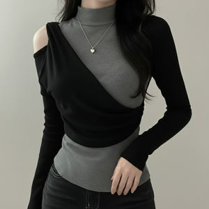 Women Casual Layered Knit <b>Top</b> Contrast Color High Neck <b>Long</b> <b>Sleeve</b> Slim Fit Shoulder Cutout Knit <b>Top</b> - Product Image 4