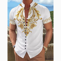 Kemeja Pria Kerah Mandarin Lengan Pendek Bermotif Bunga Kupu-kupu, Slim Fit, Kancing Depan, untuk Musim Panas, Pantai, Pesta, dan Liburan
