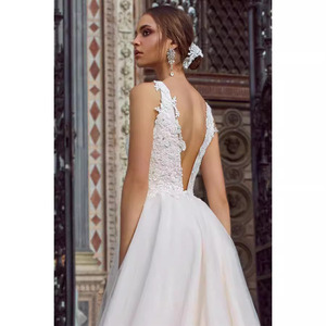 V Neck White Knitted Backless A Line Wedding Dress Natural Waist Off White Polyester Fiber - Product Image 4