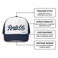 Fabricante Auditado por ISO9001 y BSCI, Exportación al por Mayor, Gorra Trucker Profesional de 5 Paneles con Logotipo Personalizado, Estilo Retro Route 66, Color Azul Marino y Blanco