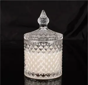 Trasparente di cristallo del diamante geo cut di lusso in rilievo di candela di vetro vaso con coperchio in vetro all'ingrosso regno unito