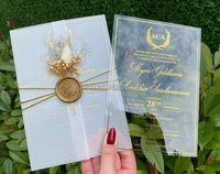 Undangan Pernikahan akrilik, jaket Vellum untuk undangan pernikahan, baju motif Foil emas, segel lilin emas dan bunga kering