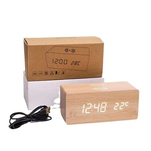 Wooden Digital <b>LED</b> Table <b>Clock</b> with Temperature & Humidity Monitoring Voice Control Alarm Calendars/Date Battery Operated - Product Image 4
