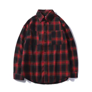 Flannel Men Plaid Oversized Shirt Turn-down Collar Double Pockets Long Sleeved Shirts