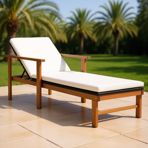 Chaise longue en bois d'acacia massif avec coussin en oléfine noire, inclinable manuellement, mobilier d'extérieur au design contemporain - Product Image 2