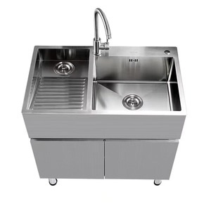 Évier de cuisine double en acier inoxydable avec robinet, finition brossée, design industriel - Product Image 5