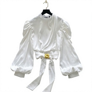 <b>White</b> Satin Blouse for <b>Women</b> Full Sleeve <b>Shrug</b> with Waist Bow Summer Casual Wear Front Logo Stand Collar - Product Image 3