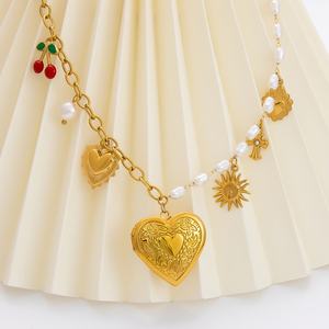 18K Gold Plated Stainless Steel Necklace with Peach Heart Pendant Trendy DIY Couple Heart <b>Cross</b> <b>Chain</b> for Parties - Product Image 2