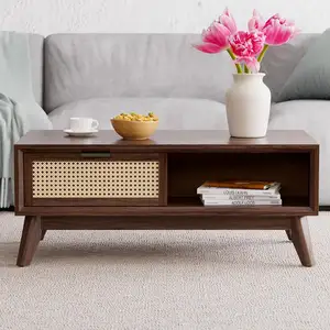 Modern Solid Wood Coffee Table With Storage Accent Rattan Design Perfect For Living Room Walnut Medium