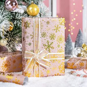Flyhill Kraft Christmas Wrapping <b>Paper</b> Pink Gold Snowflake Foil Gift <b>Wrap</b> <b>Roll</b> 17inch x 32.8ft Single Side Recyclable - Product Image 3
