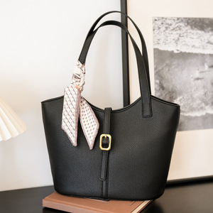 Tas Tote wanita, tas bahu wanita kapasitas besar pita sederhana warna Solid - Product Image 1