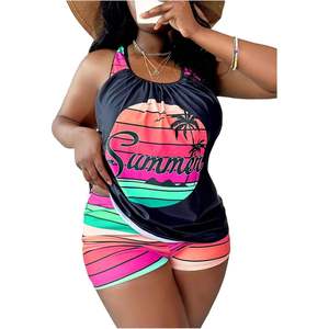 ชุดว่ายน้ำแทงกินี่ผู้หญิงไซส์พลัสแบบสั่งทำพิเศษ ชุด 2 ชิ้น ลายทางพิมพ์ลายทรอปิคอล ขอบตัดสี คอทรงกลม - Product Image 3