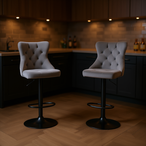 Tabourets de bar modernes en velours gris, hauteur réglable, base ronde en métal, lot de 2 pour la maison ou le pub - Product Image 2