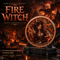 Pièce commémorative en cuivre fin 999 de 1 once, avec relief 3D, motif Flamme, Sorcière, Dragon cornu, Cercle de runes, couleur flamme, pour décoration, présentation et cadeau