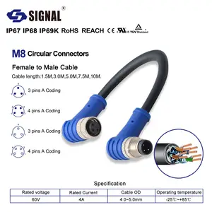 M8 IP67 IP68 cabo fêmea para macho lente de cabo de aplicação de visão de máquina à prova d'água 1.5m 3m personalização