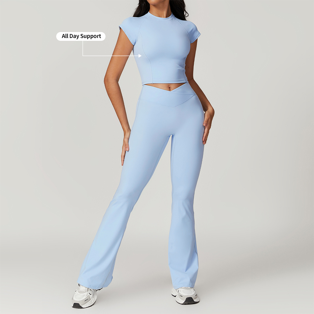 Custom Logo Women's Gym Workout Fitness Yoga Sets Quick Dry Sports Training Wear Cropped Tops And Flared Leggings Sets