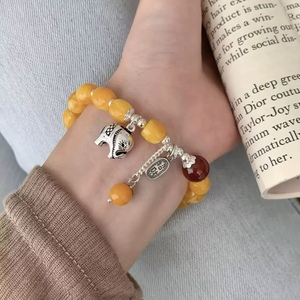 S925 Sterling Silver <b>Elephant</b> Amber Bracelet For Women Chinese Style <b>Gift</b> Jewelry - Product Image 4