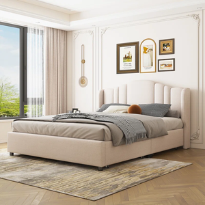 <span class=keywords><strong>Letto</strong></span> con <span class=keywords><strong>Testiera</strong></span> Curva Imbottita in Velluto, Multipannello a Strisce Verticali, Colore Crema Beige, per Arredamento Minimalista - Product Image 2