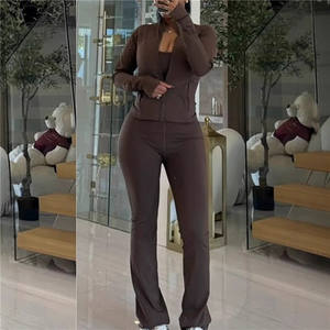 Casual, Effen Gebreide 2-delige Set Voor Damesoutfits Met Lange Mouwen En Een Skinny Uitlopende Broek Bijpassende Set - Product Image 6