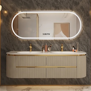 Meuble-lavabo mural à nervures courbes <span class=keywords><strong>avec</strong></span> <span class=keywords><strong>miroir</strong></span> lumineux inclus, double vasque <span class=keywords><strong>pour</strong></span> les familles, fabriqué en Chine continentale - Product Image 1