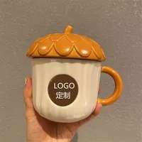 Ensemble de tasses à café en céramique avec couvercle, nouveau modèle d'automne, motif mignon de feuille d'érable, forêt d'automne, lapin mignon, renard mignon, écureuil, gland