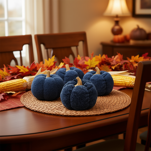 Ornamenti a forma di zucca in tessuto blu scuro 7,5x7,5x5,7 cm, set da 3 per decorazioni autunnali per la sala da pranzo, a tema festivo del raccolto - Product Image 2