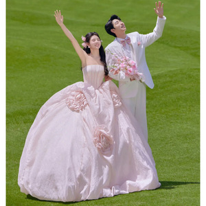 Pink Strapless Ball Gown Wedding Dress Tulle Natural Waistline For Studio Photography - Product Image 3