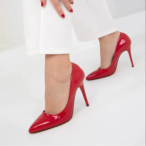 Chaussures à talons aiguilles classiques rouges pour femmes, bout pointu, décoration en strass, 9 cm, pour les pointures 36 à 40, fabriquées en Turquie - Product Image 1