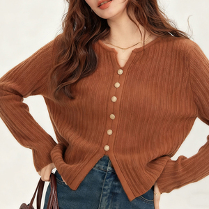 <span class=keywords><strong>Cardigan</strong></span> da Donna in Maglia a Coste Color <span class=keywords><strong>Cammello</strong></span> con Bottoni Rotondi - Top Corto Comodo per Uso Quotidiano - Product Image 6