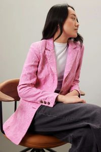 Giacca da Donna su Misura di Alta Gamma, Blazer Classico in Jacquard <span class=keywords><strong>Rosa</strong></span> con Risvolto a Tacca e Maniche Lunghe - Product Image 5