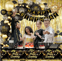 Décorations de fête d'anniversaire or et noir : arche de ballons en métal et latex, bannières, rideaux, pompons, décorations de gâteaux, écharpes, confettis, nappes