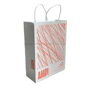 Custom Printing Industrial Style Orange Scattered Line Patterned Gray Wavy Cut Edge Kraft Paper Bag with Twisted Handle for Cafe